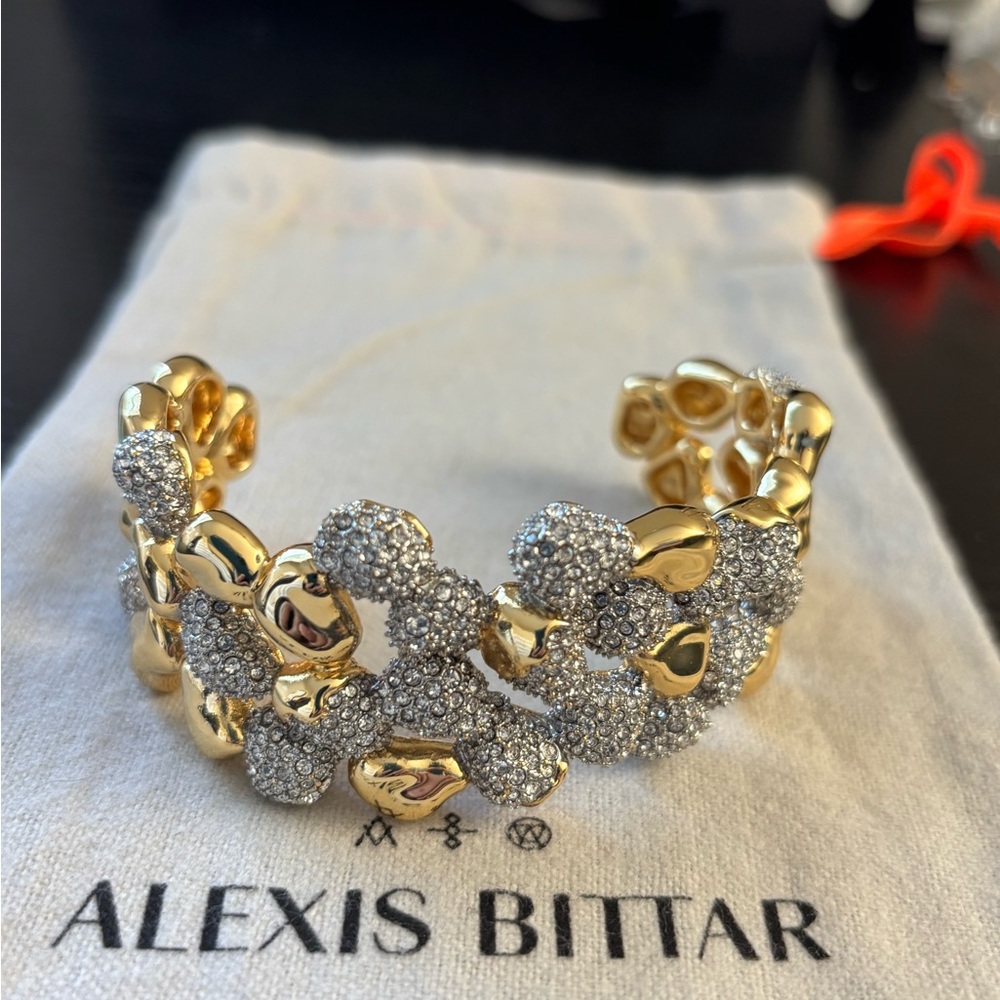 Alexis Bittar Gold and Crystal Pavé Linked Open Cuff Braceletz - Picture 9 of 13
